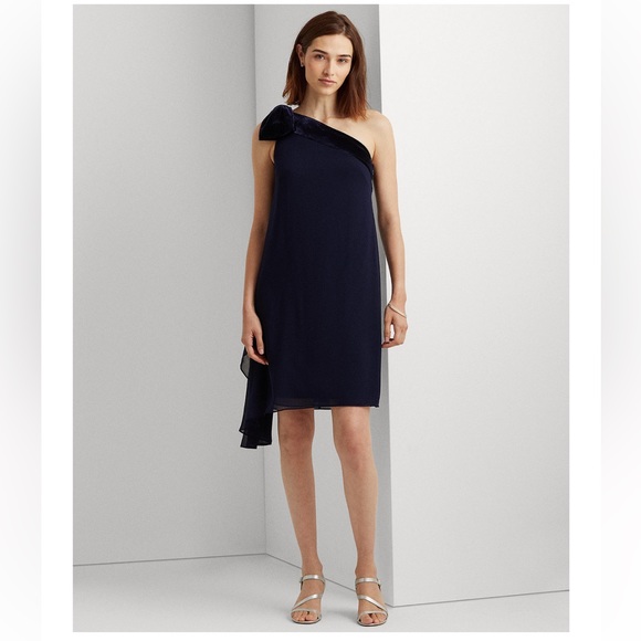 NWT Lauren Ralph Lauren Velvet Neckband One-Shoulder Dress - Picture 3 of 4